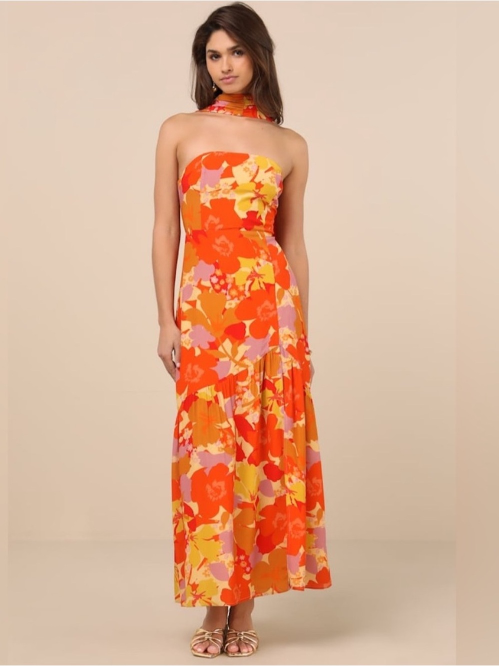 Lulus NWT Captivating Spirit Orange Floral Strapless Dress w/Scarf Set, Size L